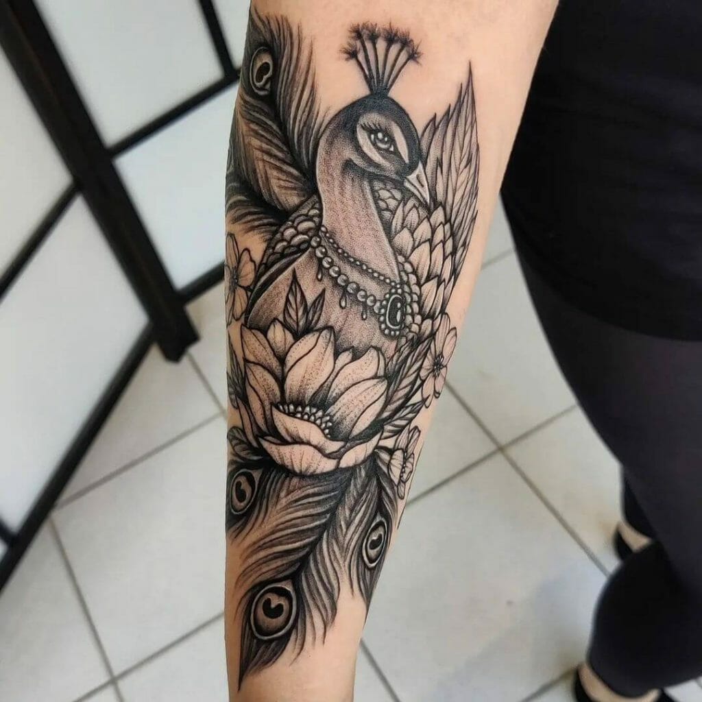 Black And White Peacock Feather Tattoo Quarter Sleeve