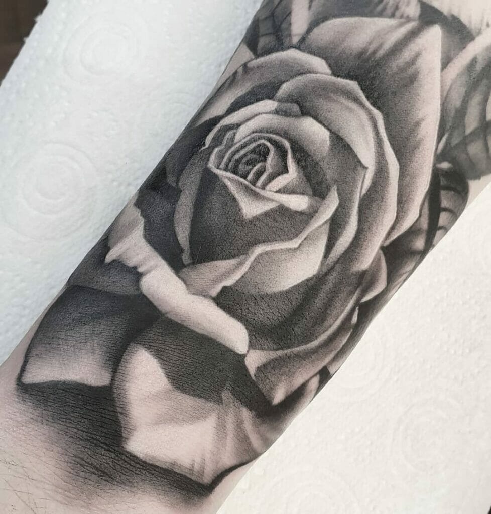 Black And White Realistic Rose Tattoo