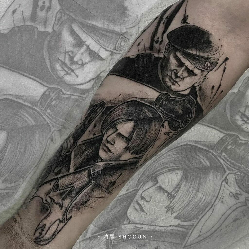 Black And White Resident Evil 4 Tattoo Of Leon And Krauser