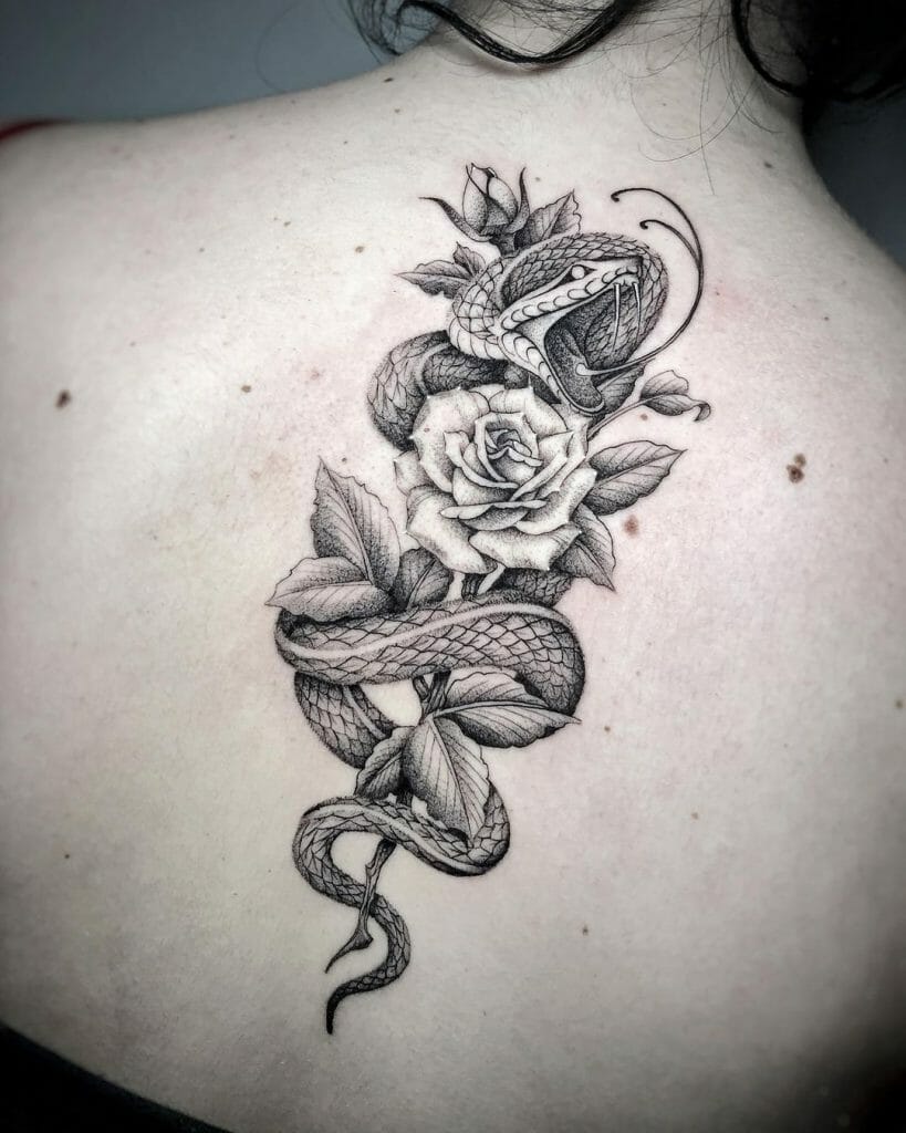 Black And White Snake And Rose Tattoo