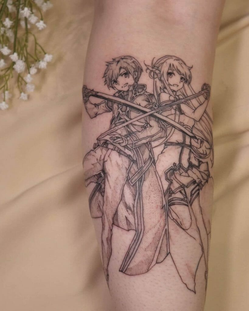 Black And White Sword Art Online Tattoo Of Kirito And Asuna