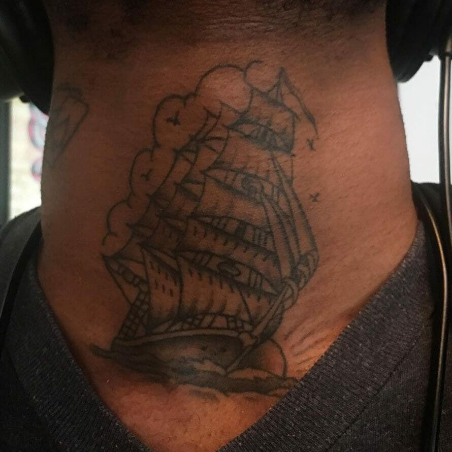 Black And White Traditional Ship Tattoo