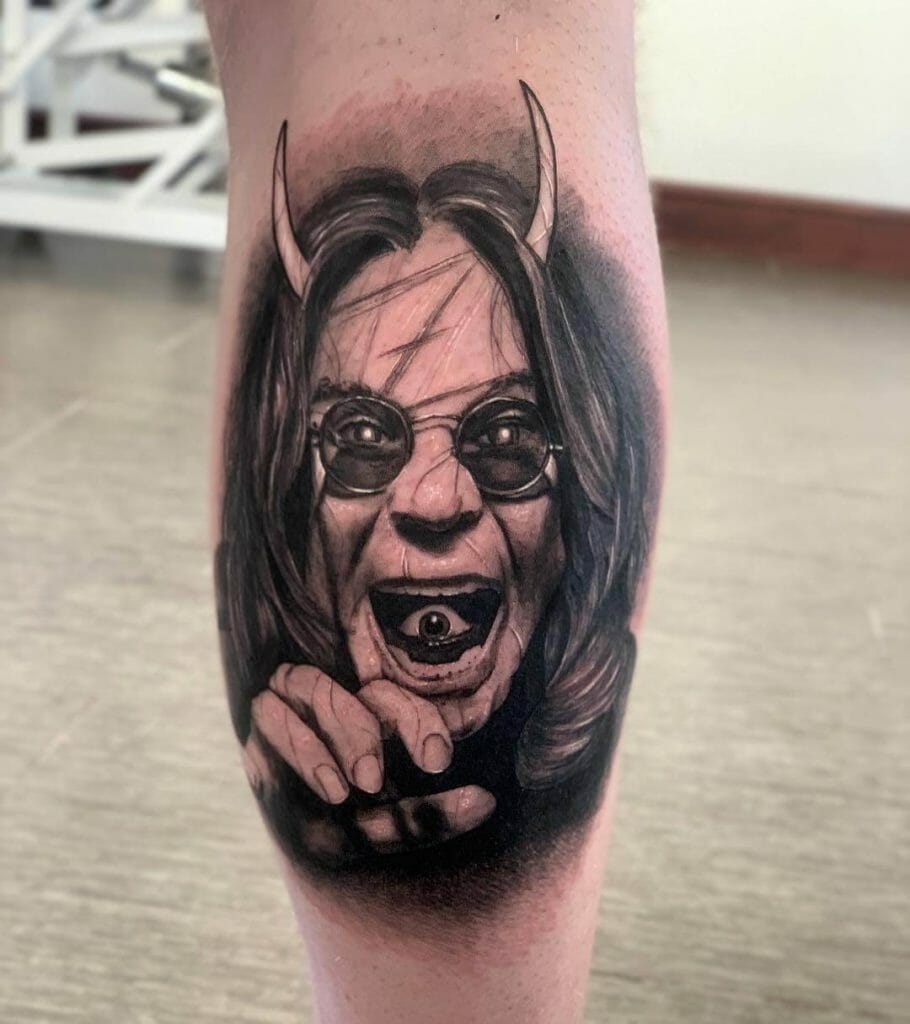 Black & Grey Ozzy Osbourne With Horns Tattoo