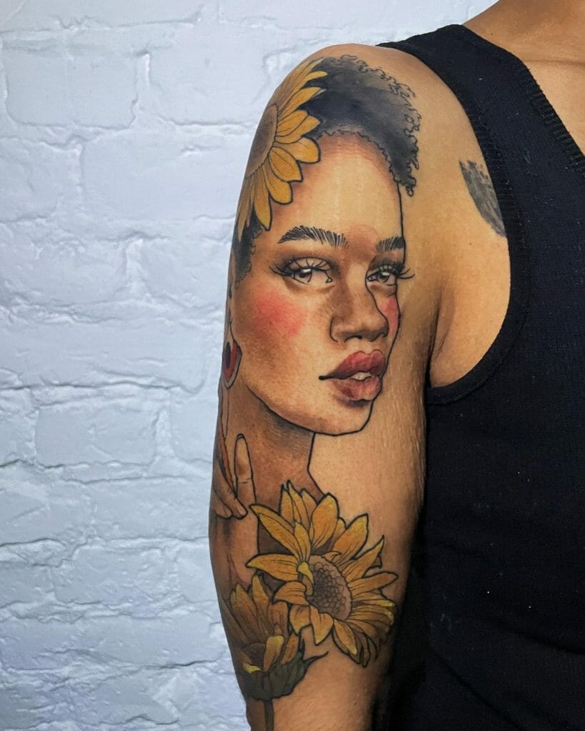 Black Lady Portrait Tattoo On Brown Skin