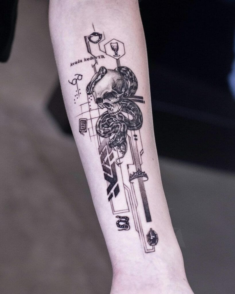 Black Magic Themed Skull And Python Tattoo