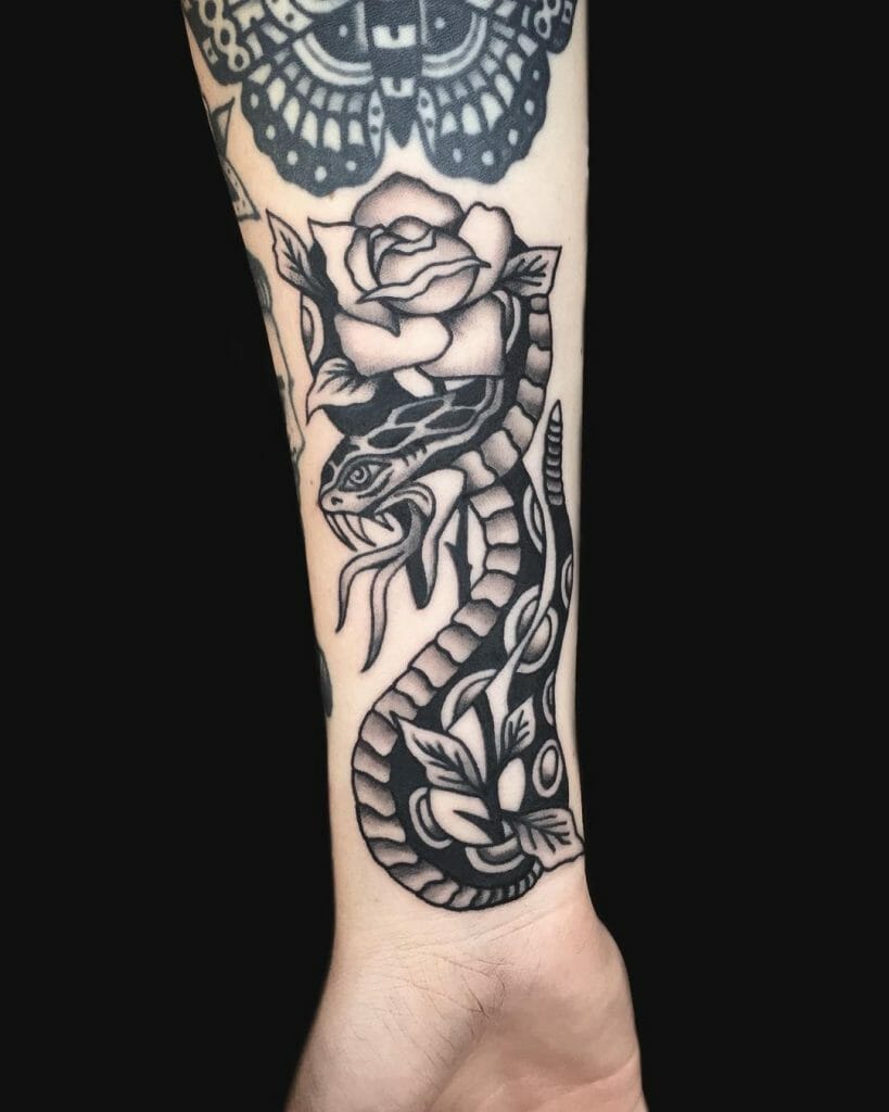 Black Patterned Rose and snake tattoo designs