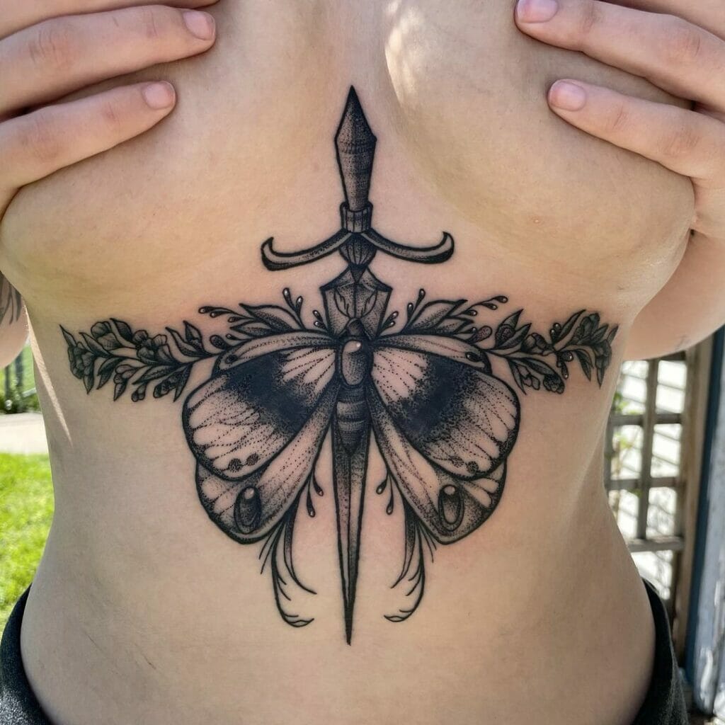 Black and Grey Moth With Dagger Sternum Tattoos