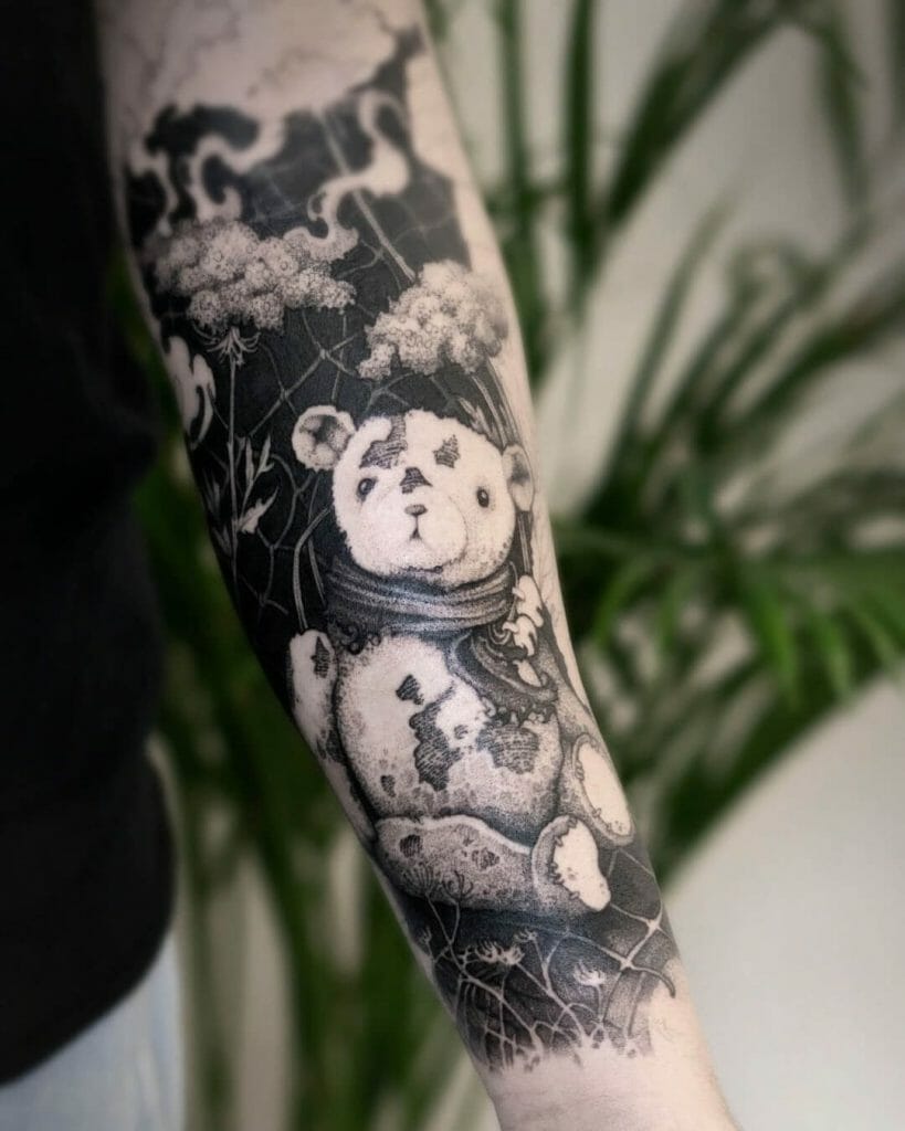 Black and Grey Teddy Bear Sleeve Tattoo