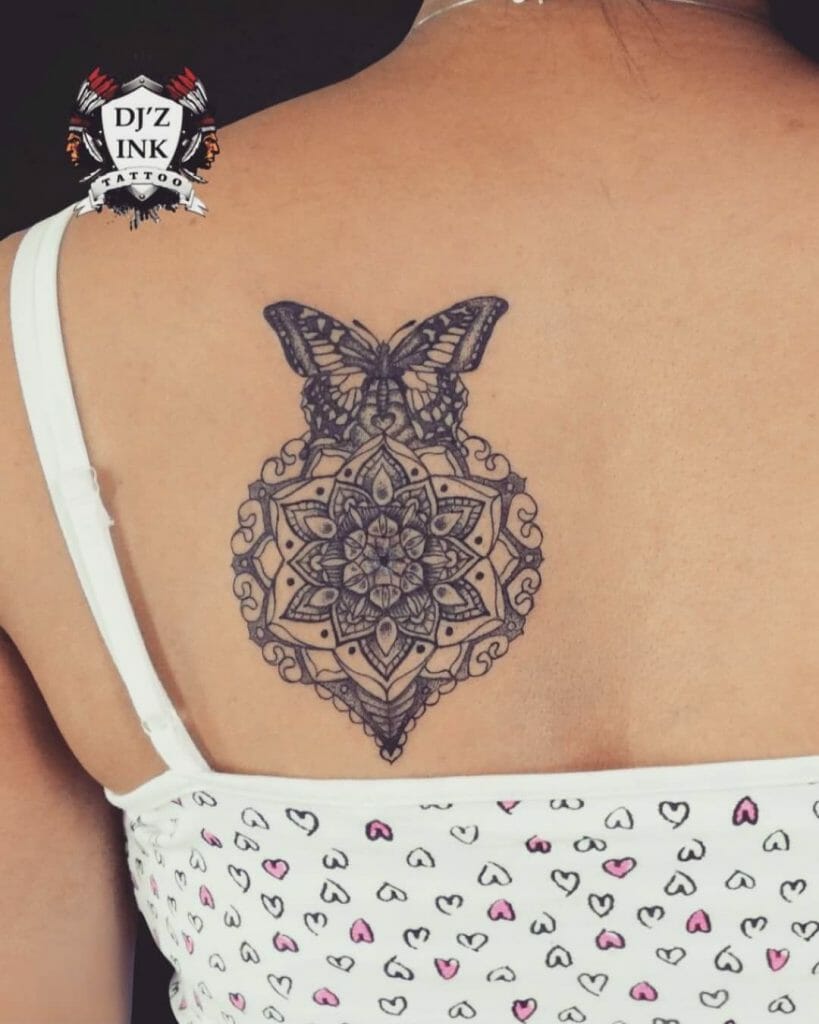 Blackwork Floral Butterfly Mandala Back Tattoo