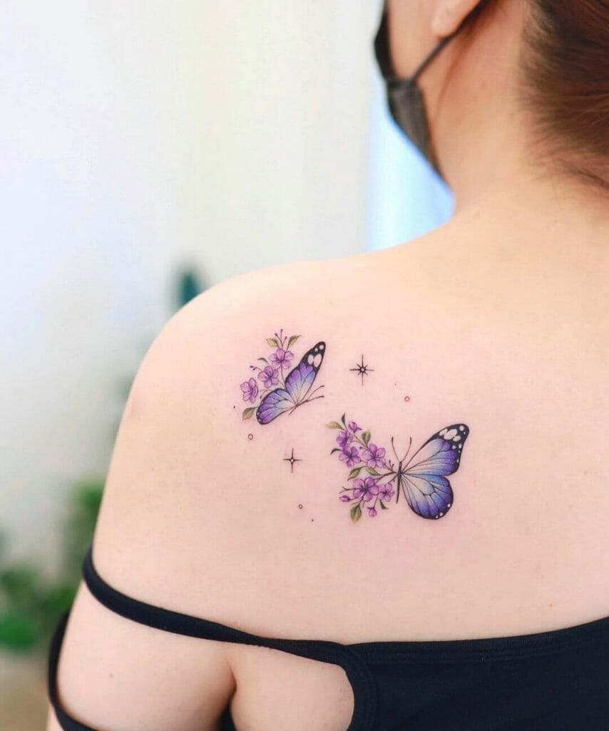 Blossoming Flower And Butterfly Tattoo