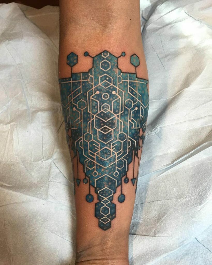 Blue Ink Space Tattoo With Geometric Patterns