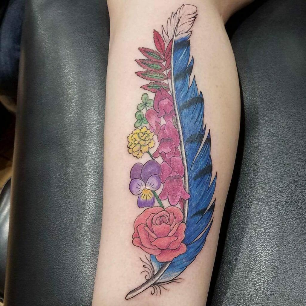Blue Jay Feather Design With Flowers