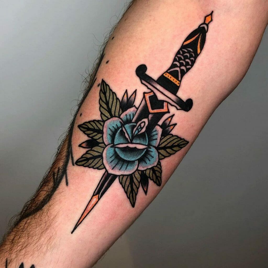 Blue Rose And Dagger Tattoo