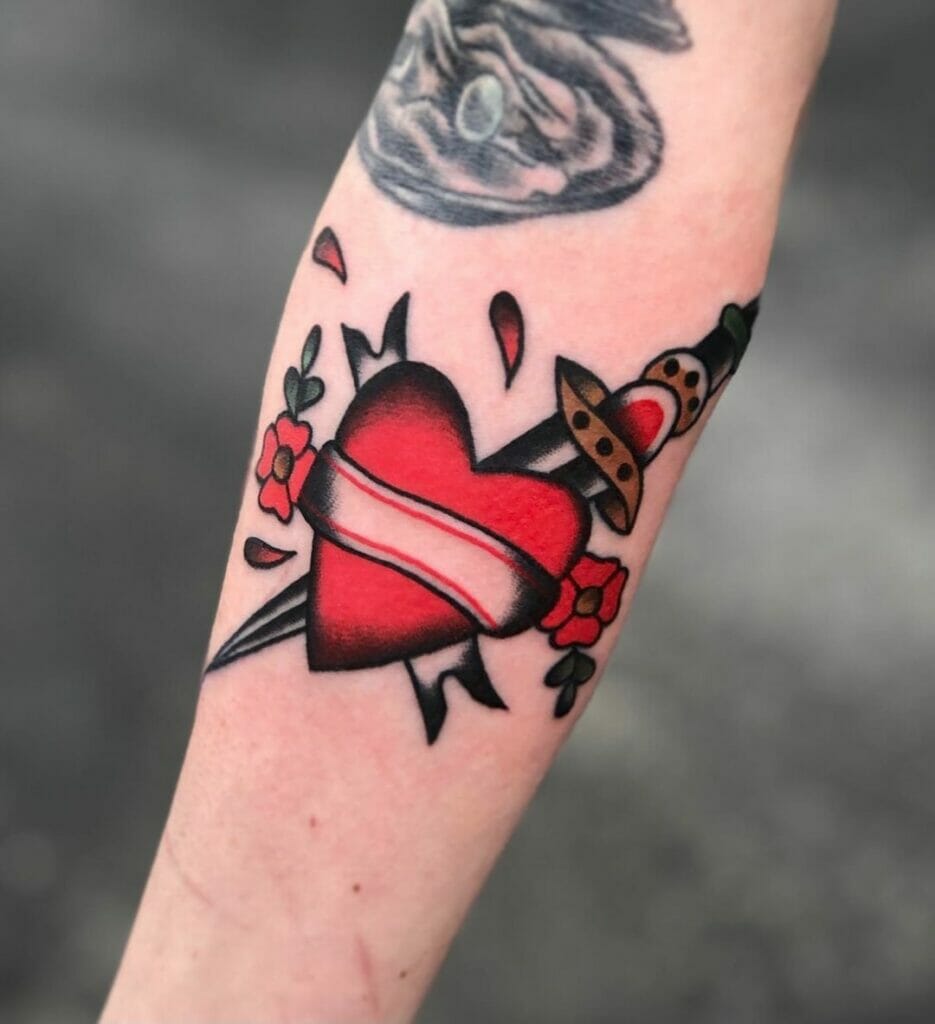 Bold And Radiant Banner Heart And Dagger Tattoo