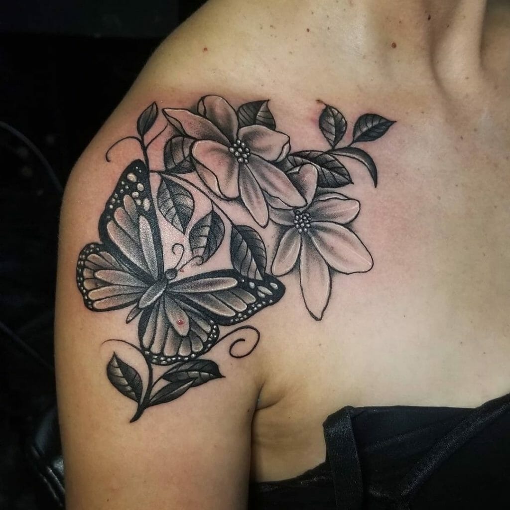 Butterfly And Dahlia Shoulder Tattoo
