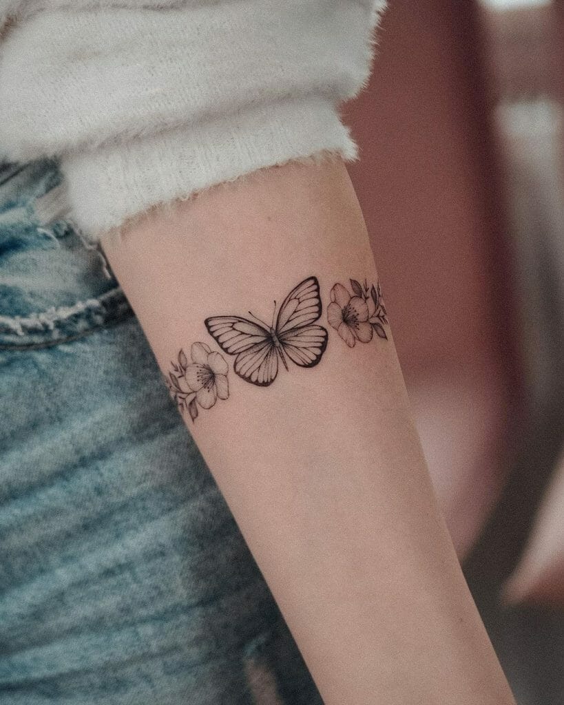 Butterfly And Flowers Bracelet Tattoo