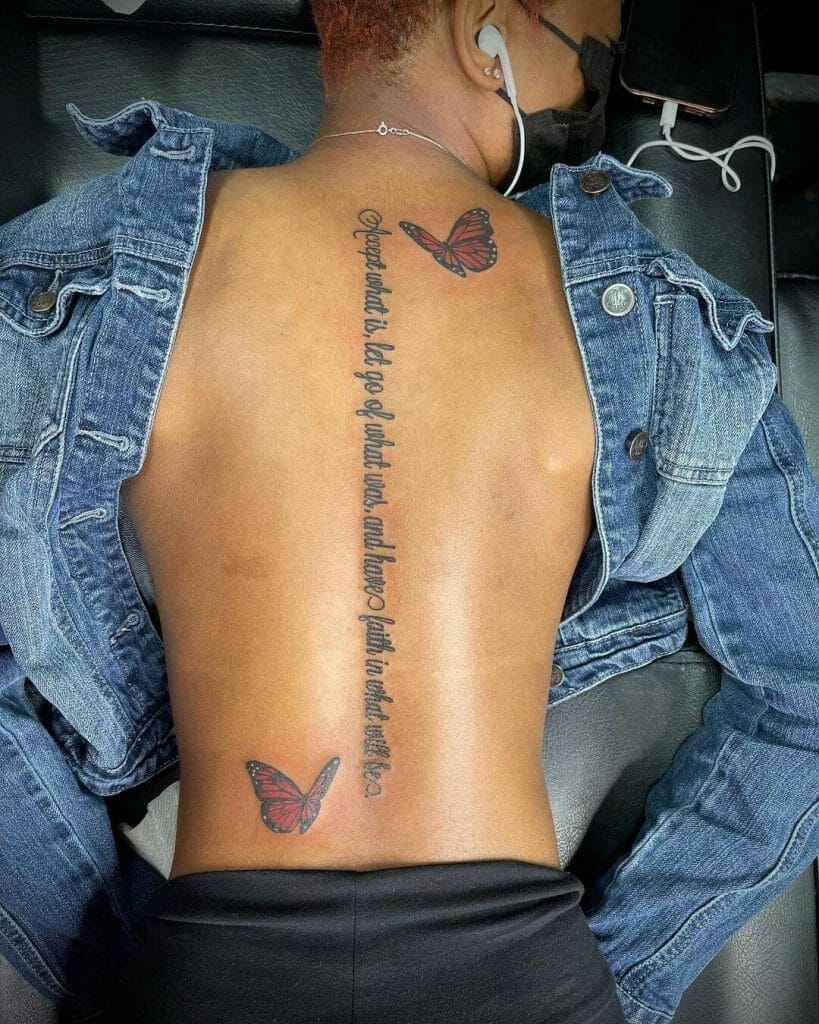 Butterfly And Quote Full Spine Tattoo