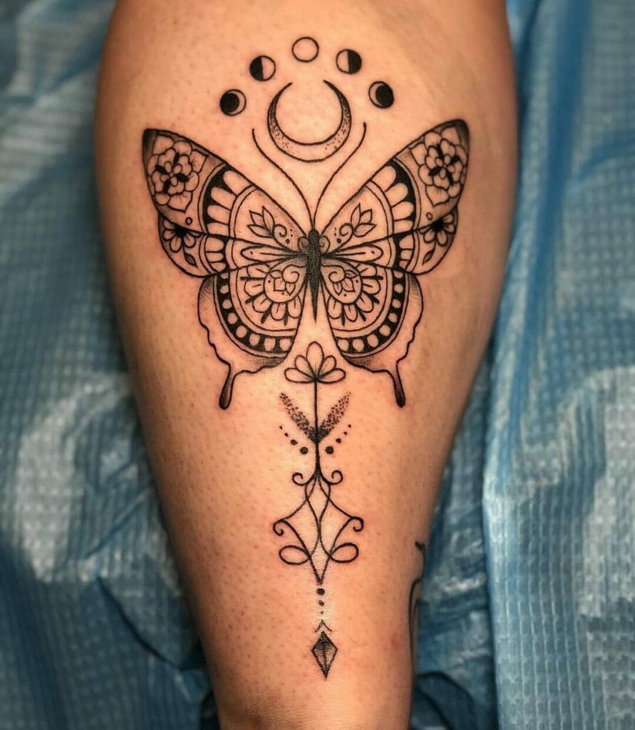 Butterfly Mandala With Moon Phases Tattoo