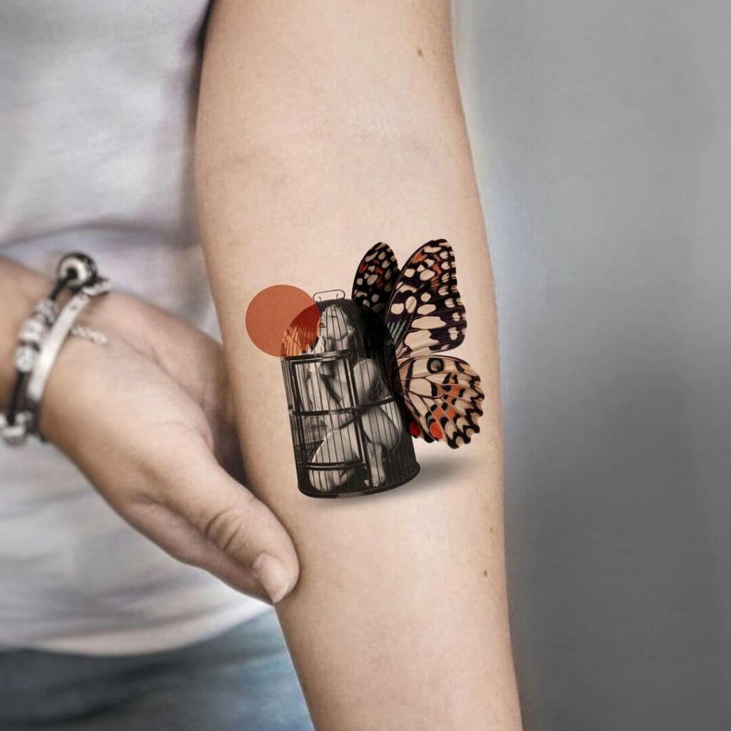 Butterfly Wings And Cage Collage Tattoo