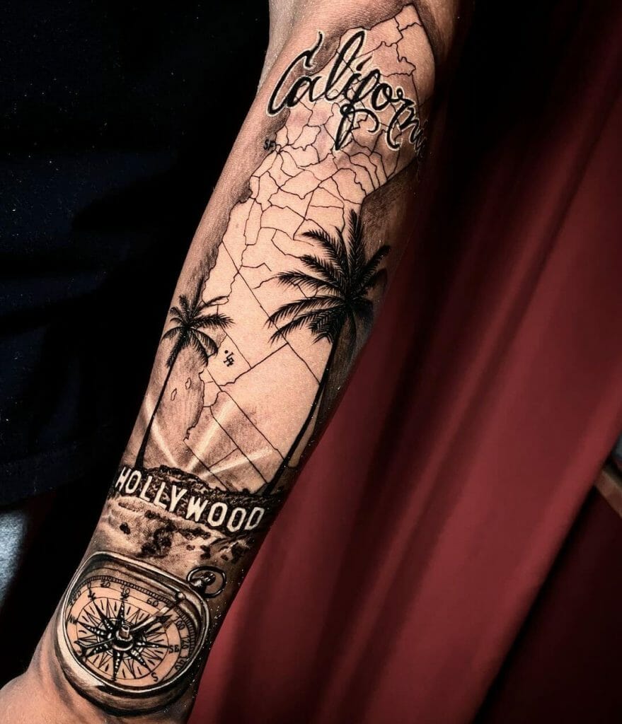 California Detailed Map And Compass Tattoo