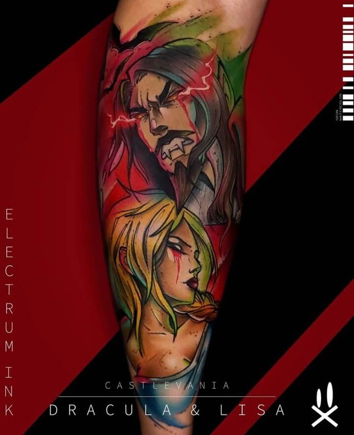 Castlevania Coloured Lisa And Dracula Tattoo