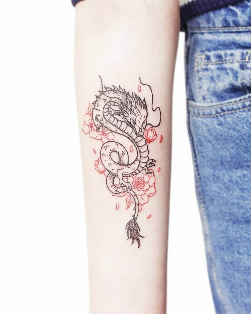 Chinese Dragon Arm Tattoo With Red Flowers