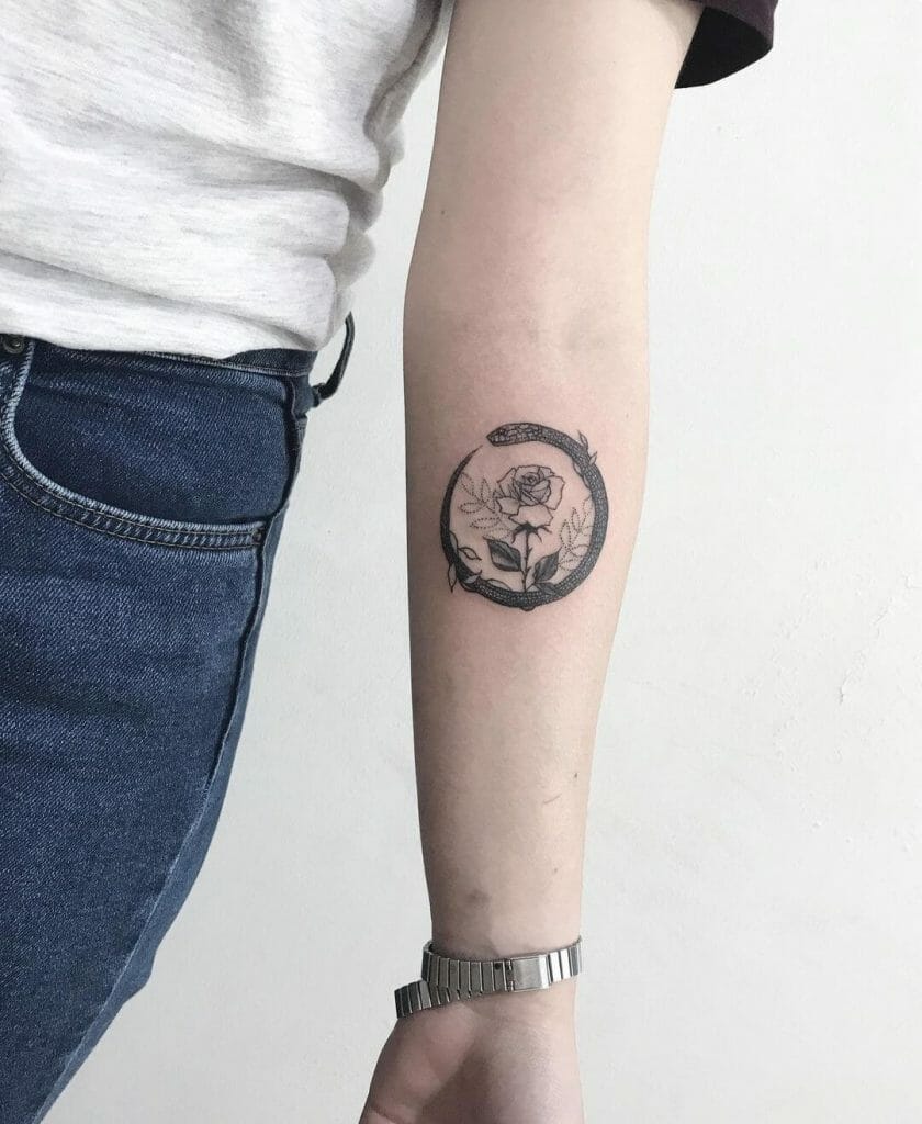 Circular Rose And Snake Tattoo