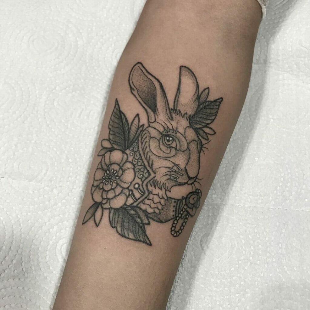 Clock Wielding Rabbit Mad Hatter Tattoo