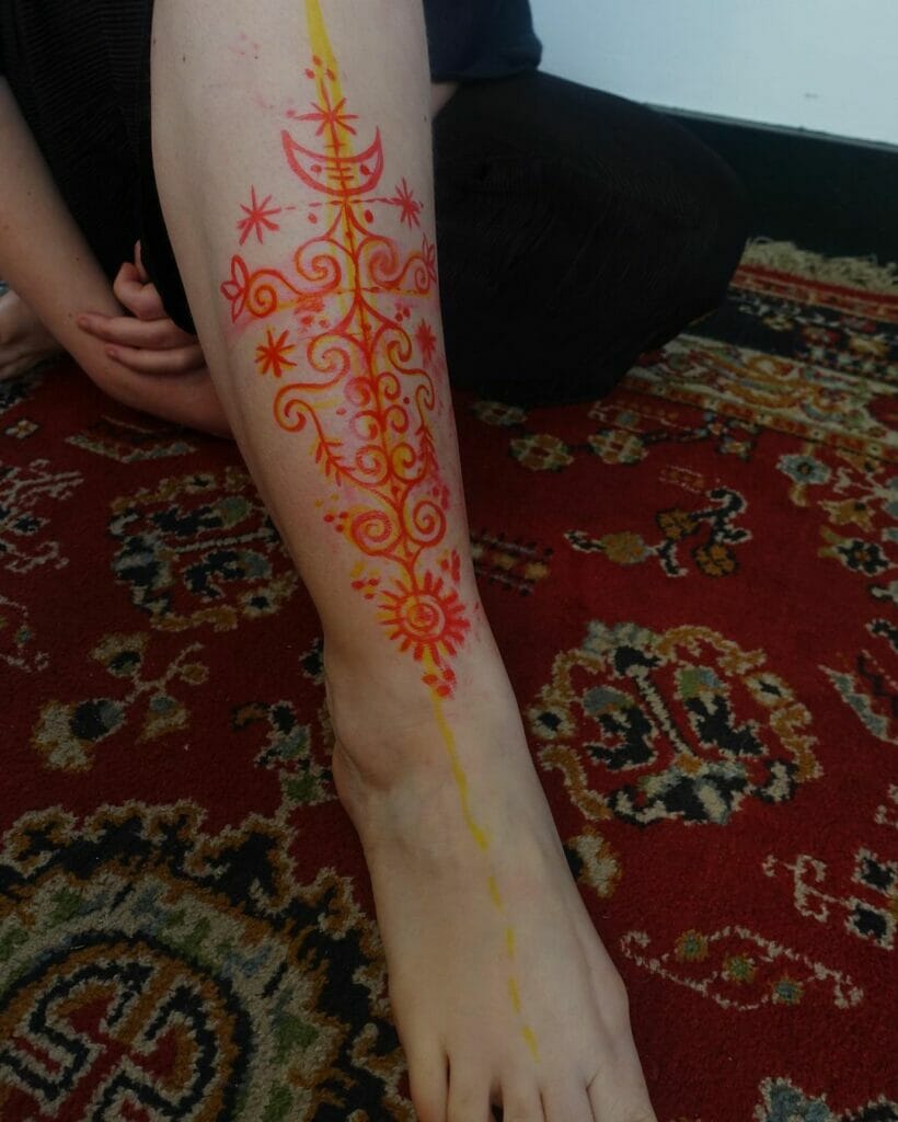 Colorful Pictish Tribal Leg Tattoo