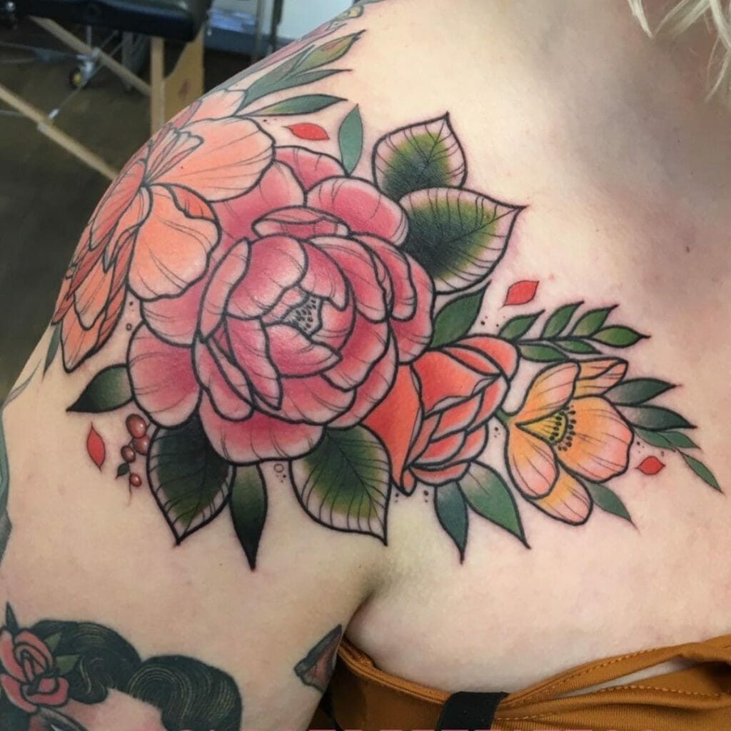 Colour Blended Floral Shoulder Cap Tattoo