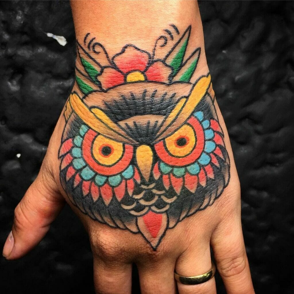 Colourful And Traditional Owl Head Tattoo