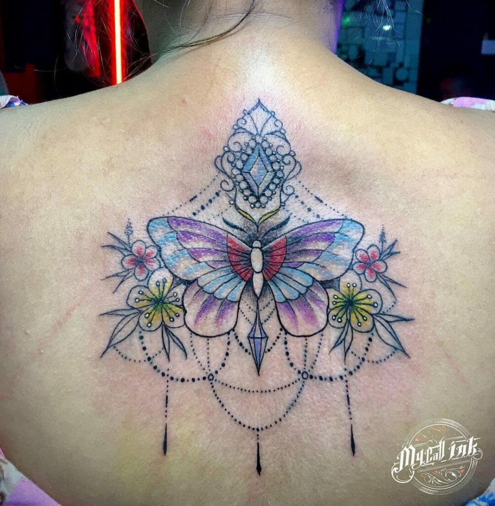 Colourful Butterfly With Chandelier Mandala Back Tattoo