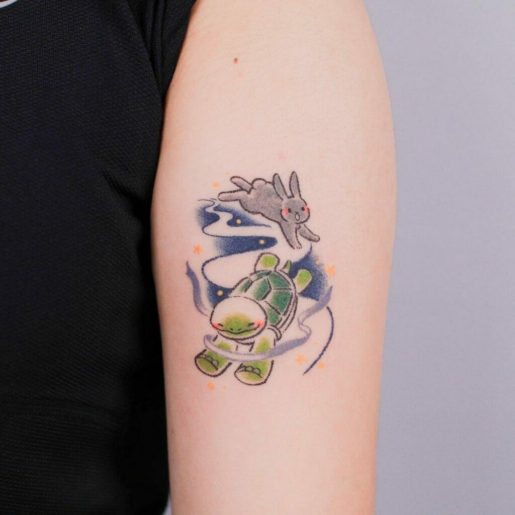 Colourful Cartoon Turtle Tattoos With A Rabbit