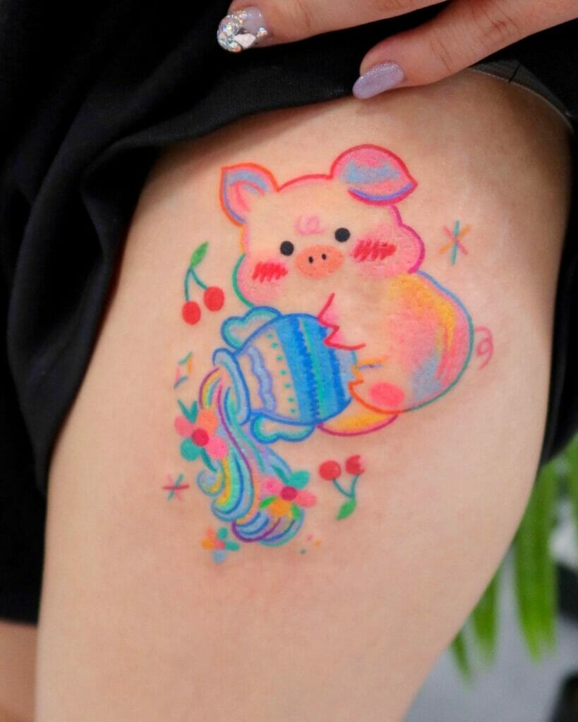 Colourful Cute Pig Tattoo