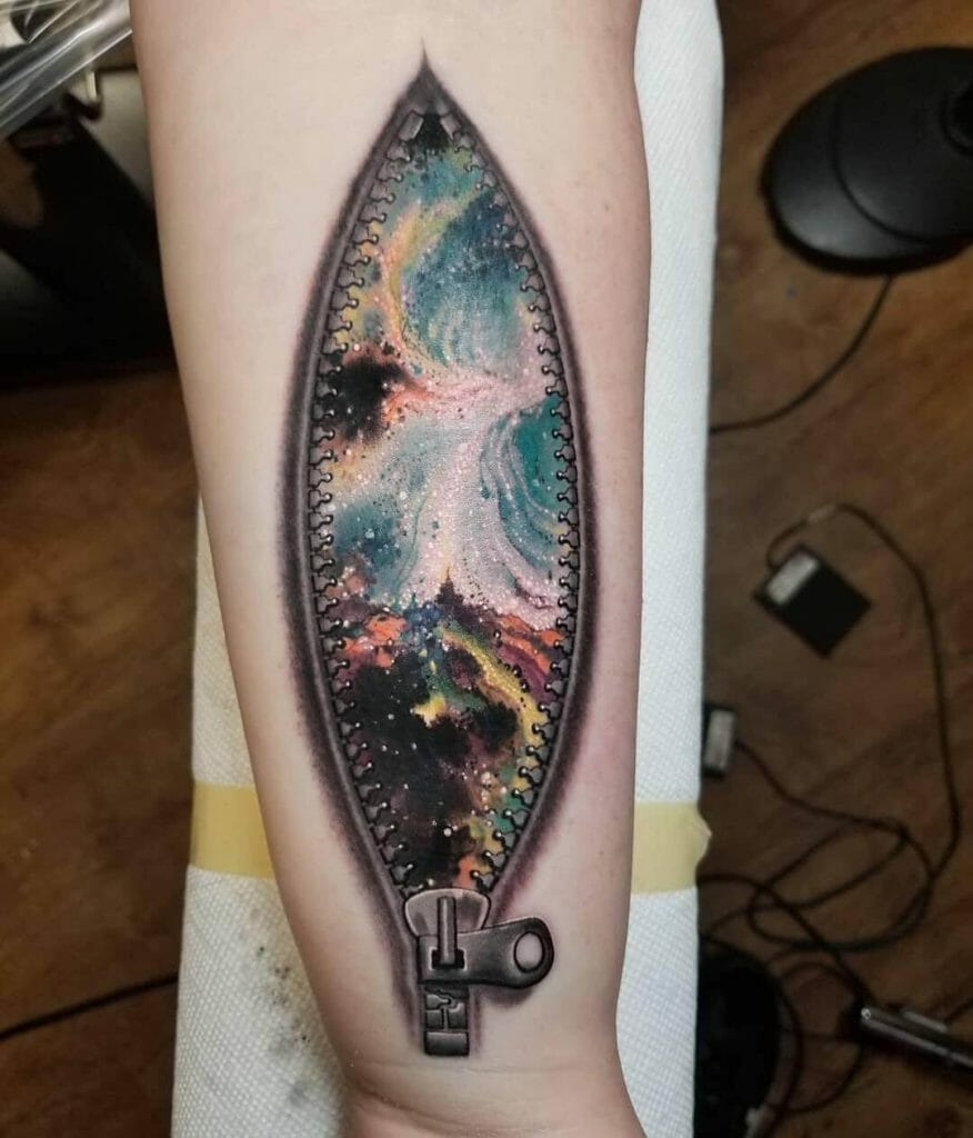 Colourful Galaxy Arm Zipper Tattoo