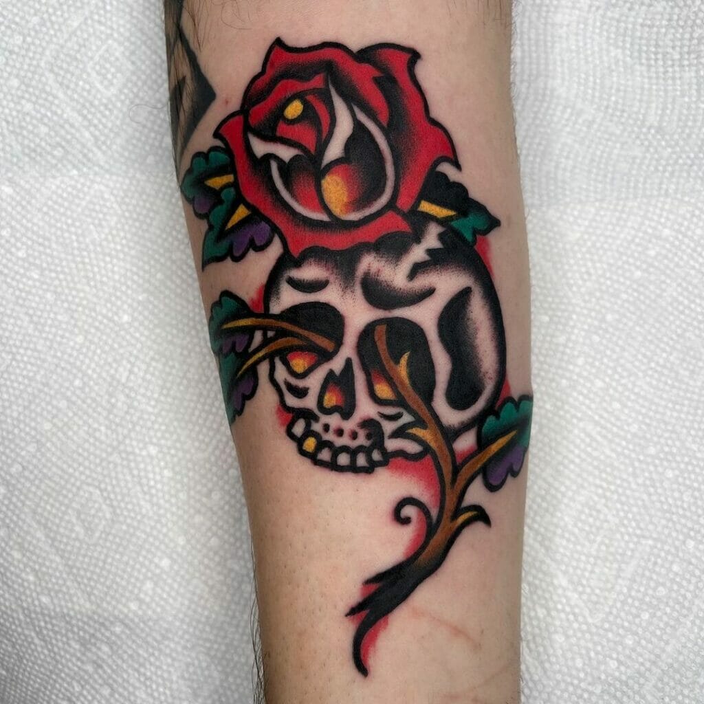 Colourful Hand Skull Tattoo With Flowers Outsons