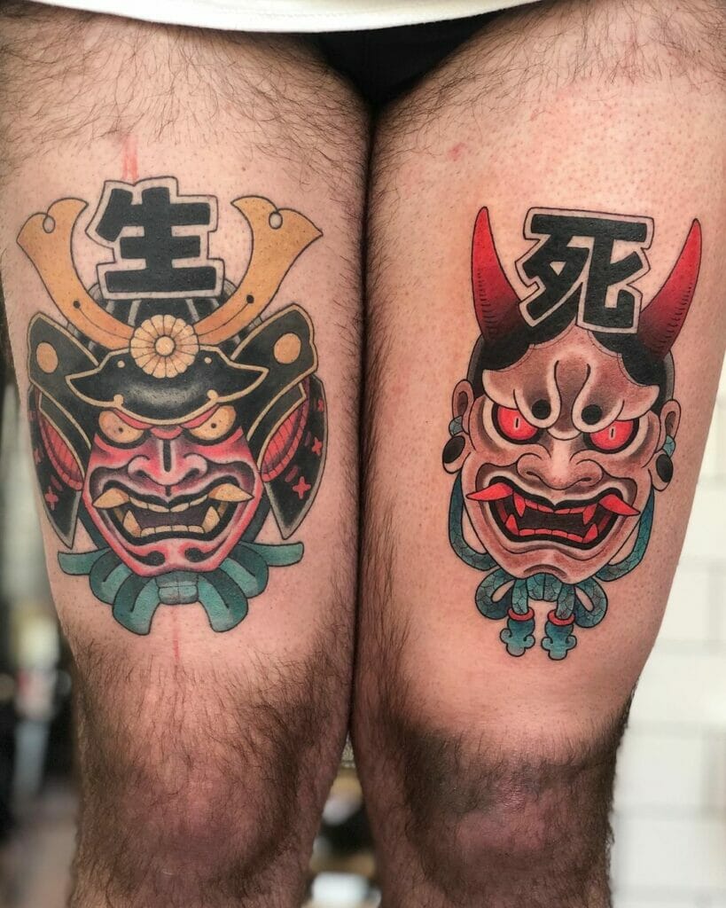 Colourful Hannya And Oni Mask Tattoo Design