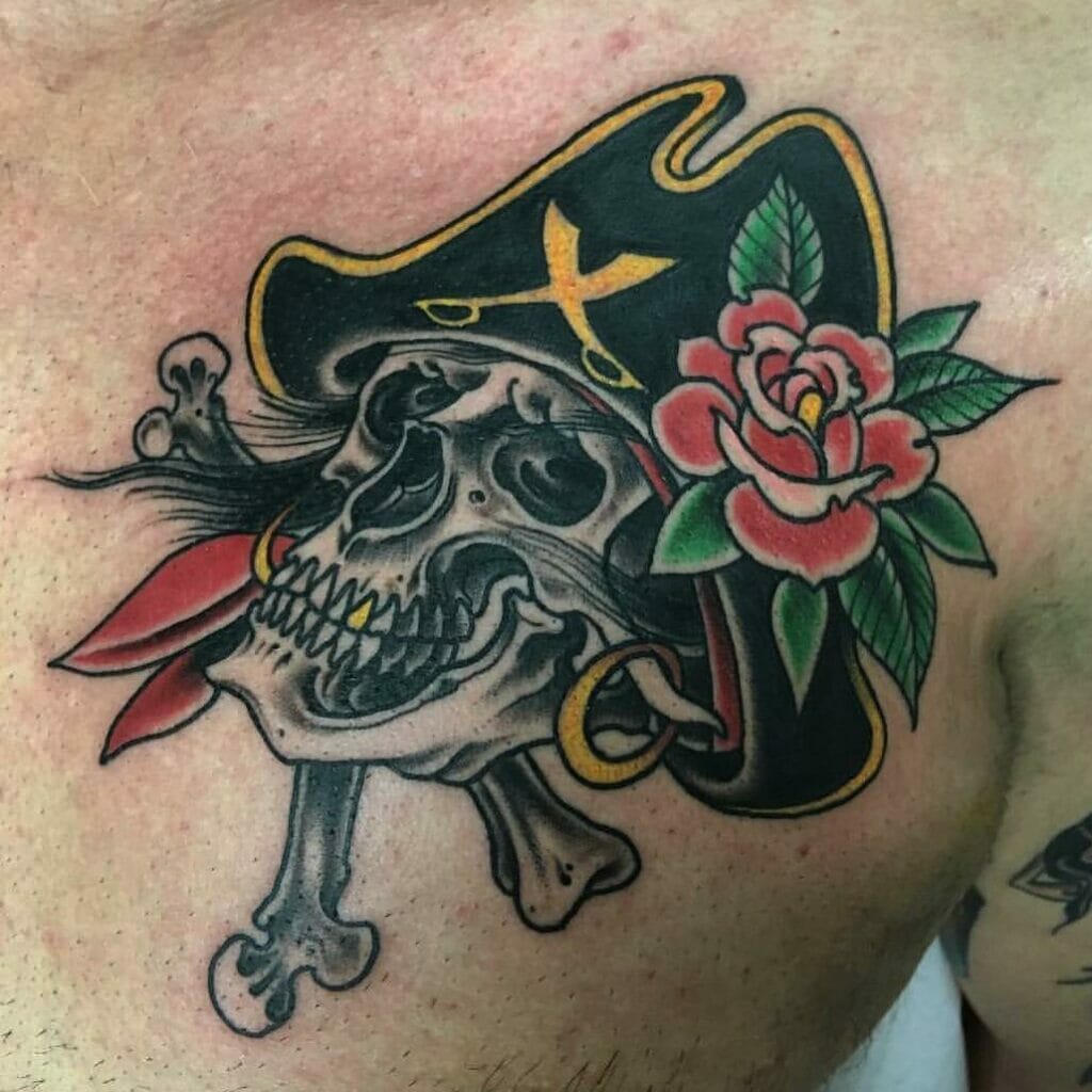 Colourful Pirate Skull And Flower Tattoos