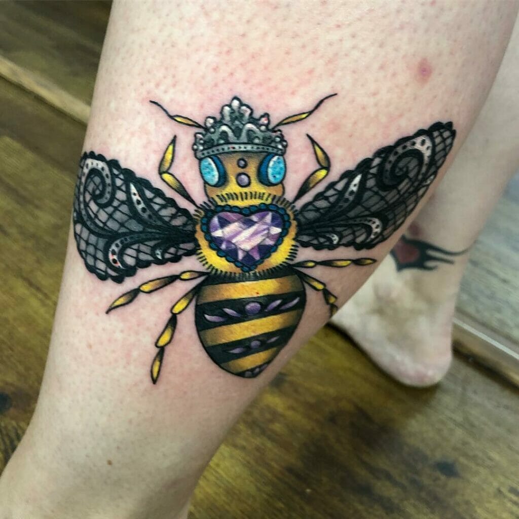 Colourful Queen Bee Tattoo With A Crown