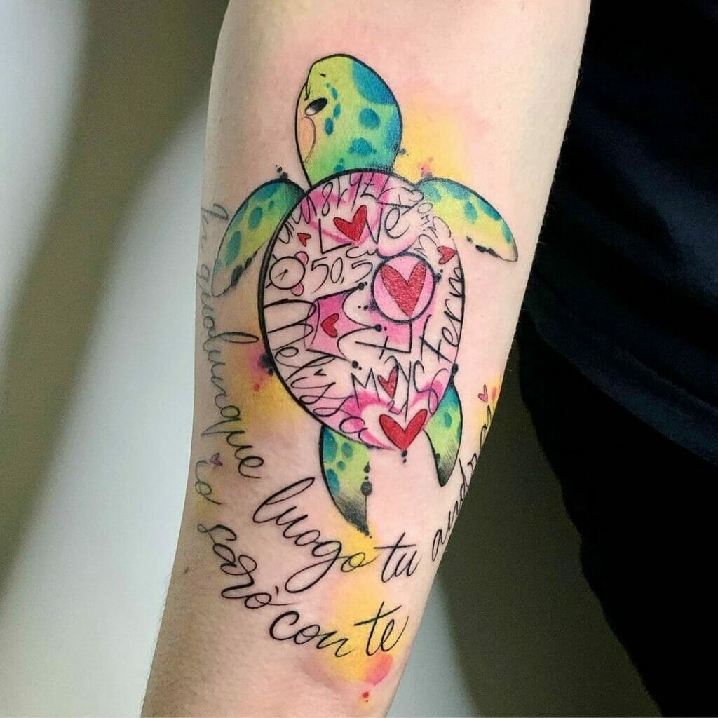 Colourful Turtle Tattoo With Your Favourite Quote