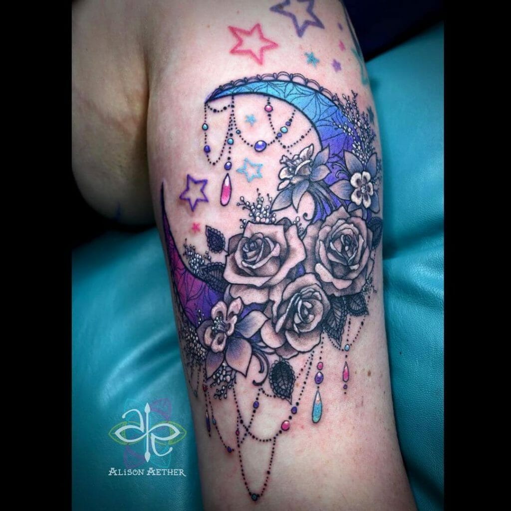 Colourful White Rose And Moon Tattoo With Bead Details