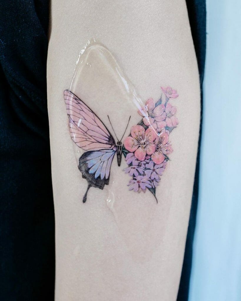 Combined Flower And Butterfly Tattoo
