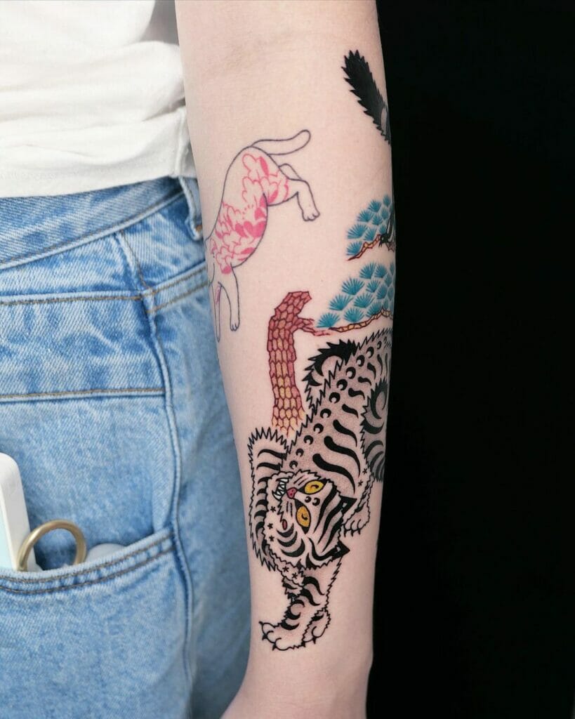 Creative Magpie Tattoo With Tiger And Pine Tree