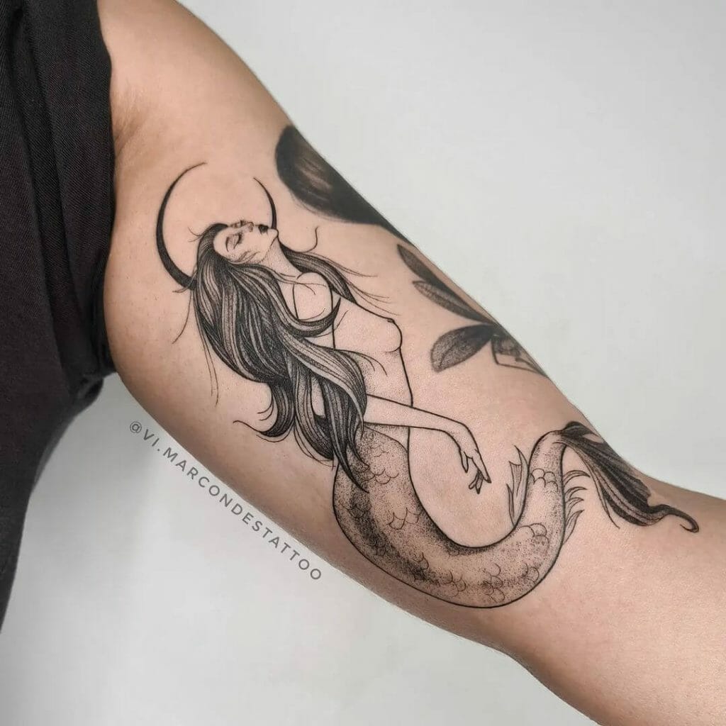 Crescent Moon Black Mermaid Tattoo Design