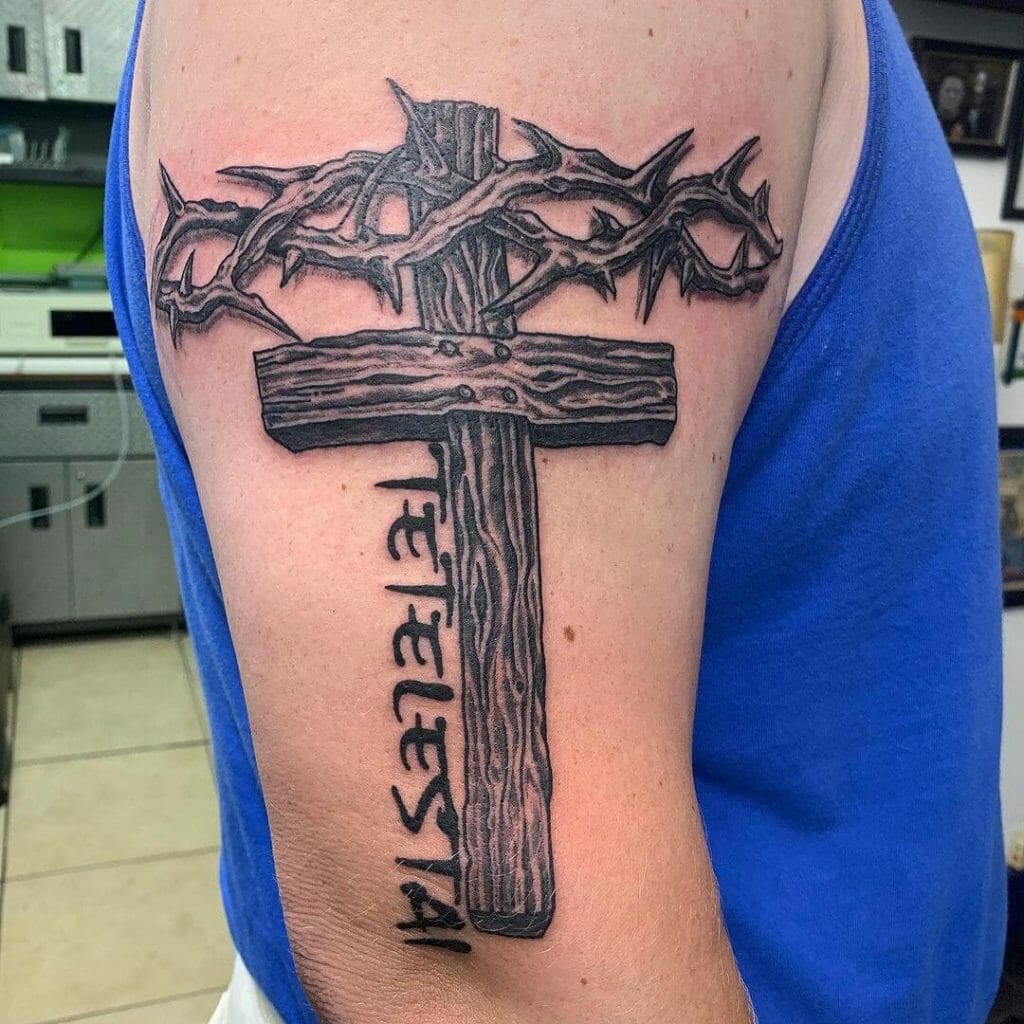 Cross and Thorn Crown With Tetelestai Tattoo