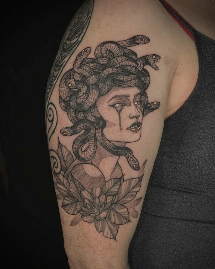 Crying Medusa With Flowers Fineline Tattoo