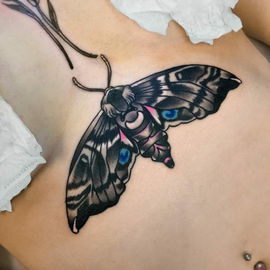 Crystal Sternum Tattoo With Moths