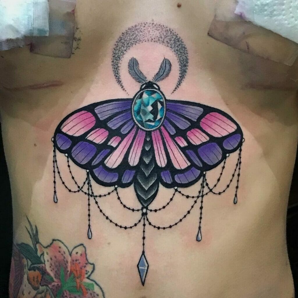 Crystal Sternum Tattoos With Moths