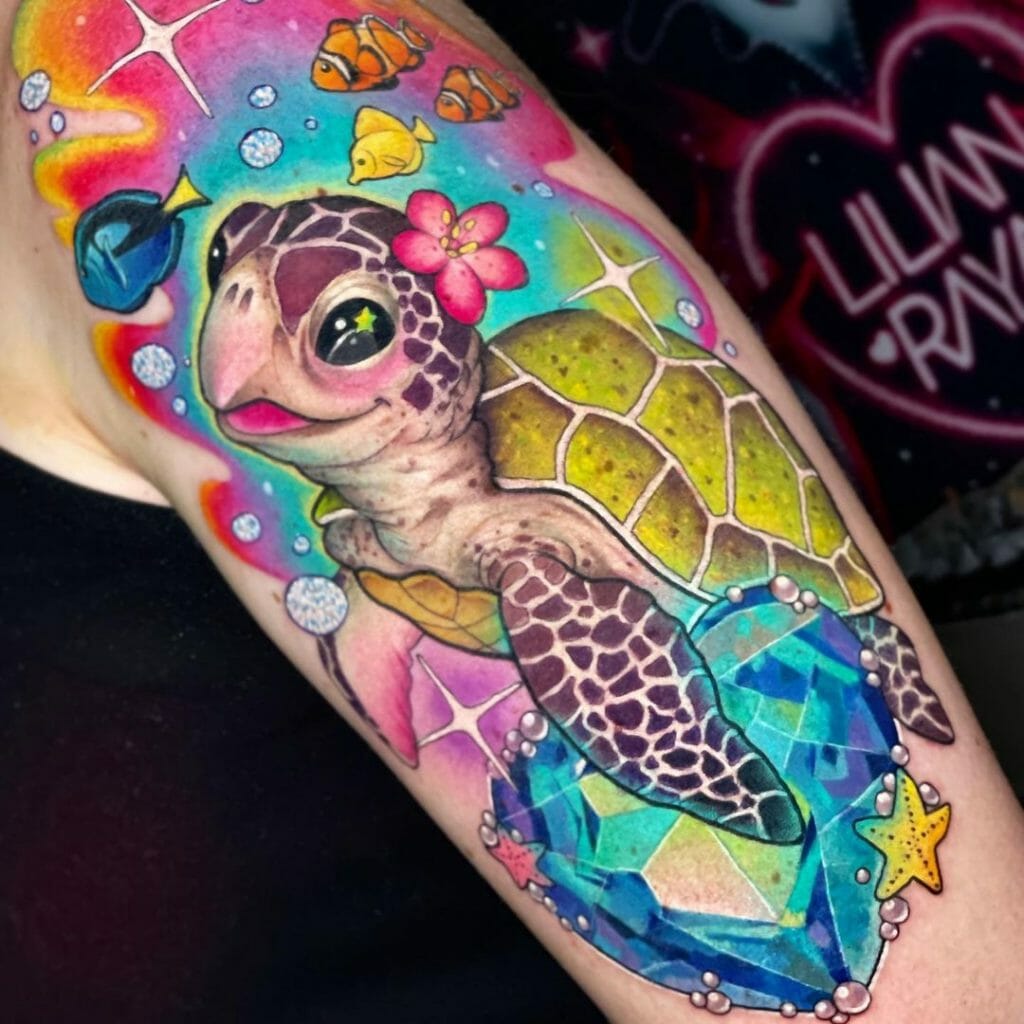 Cute Colourful Sea Turtle Tattoo With Flowers