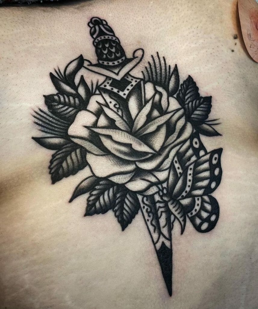 Dagger Piercing Rose Tattoo design